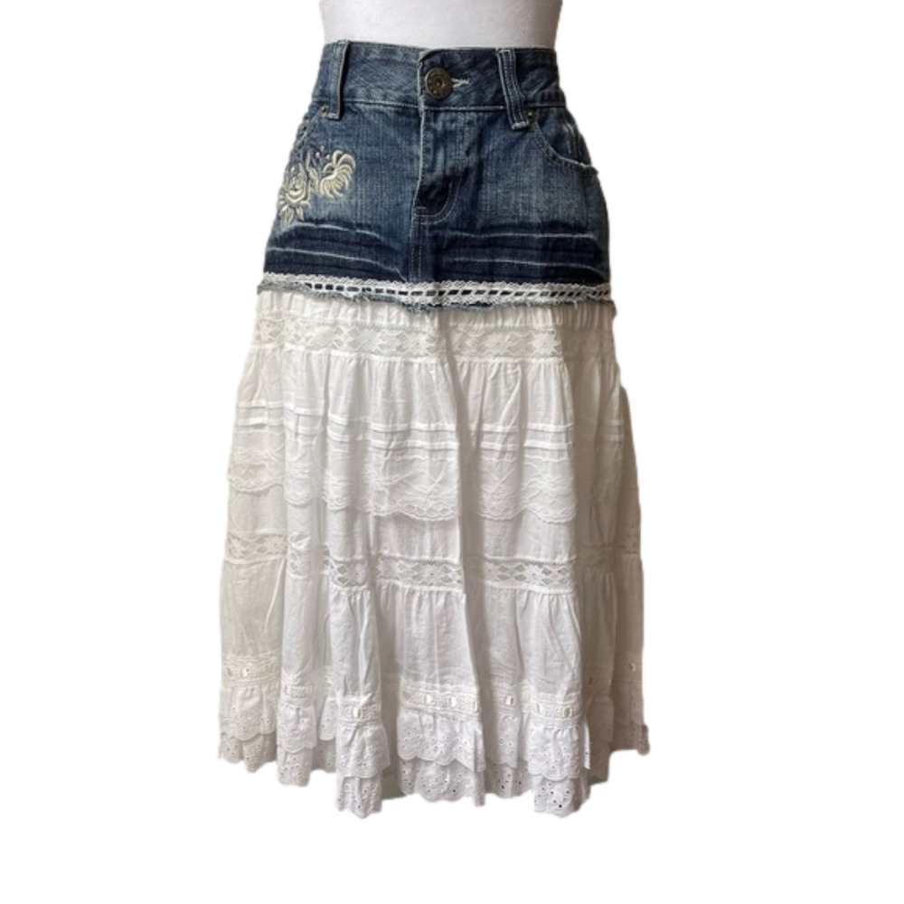 NWT Lucy Paris Denim Cotton Lace Layered Western Layered Skirt Coastal Cowgirl